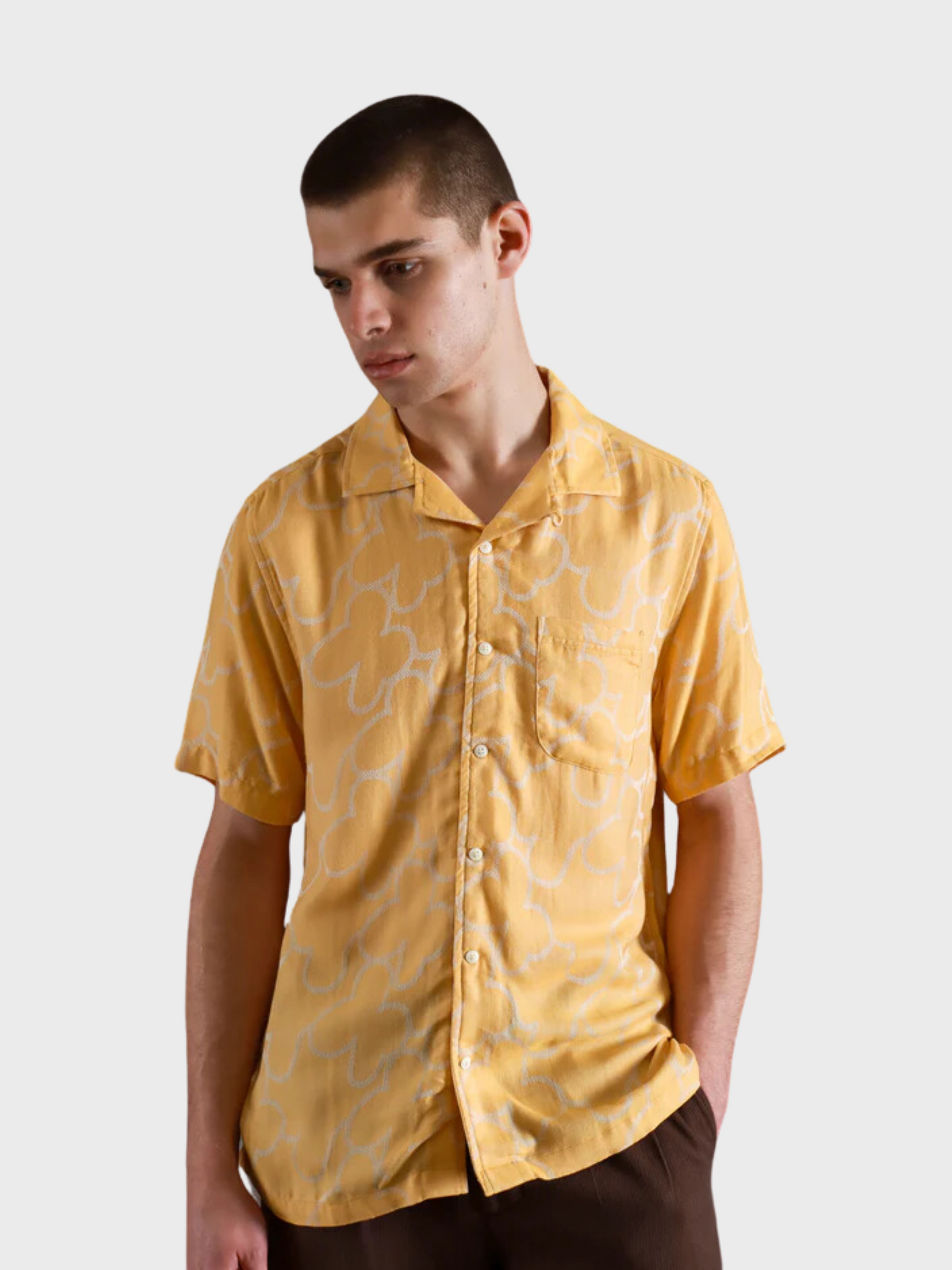 Far Afield Stachio SS Floral Jacquard Button Up Honey Gold SS24-Men&#39;s Shirts-S-Howard-Surrey-Canada