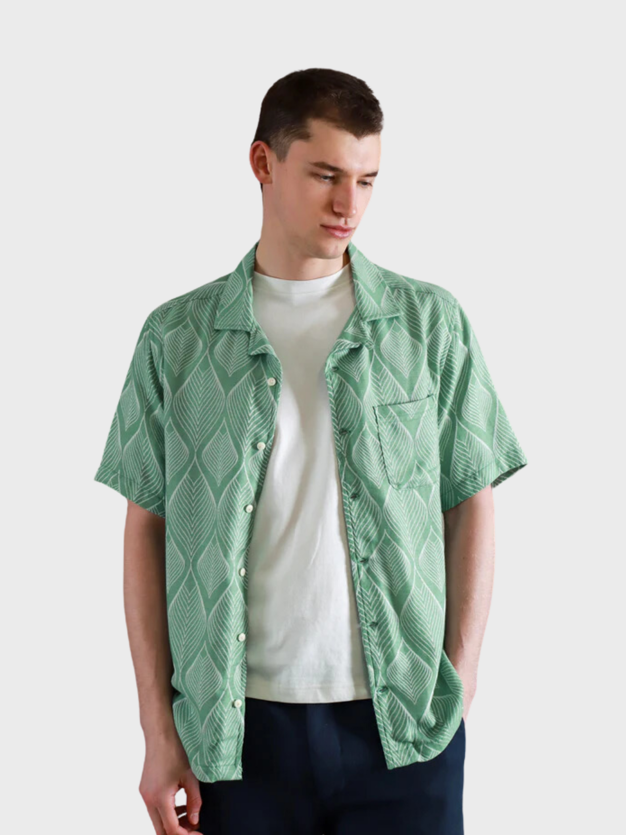 Far Afield Stachio SS Leaf Jacquard Button Up Frosty Green SS24-Men&#39;s Shirts-S-Howard-Surrey-Canada