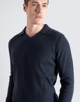 Far Afield Clifford Knitted Ribbed Polo - Spread Collared - Navy-Men's Sweaters-Brooklyn-Vancouver-Yaletown-Canada