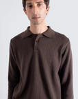 Far Afield Benny Knitted Polo - Brown/Navy Pinstripe-Men's Sweaters-Brooklyn-Vancouver-Yaletown-Canada