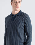 Far Afield Benny Knitted Polo - Navy/White Pinstripe-Men's Sweaters-Brooklyn-Vancouver-Yaletown-Canada