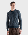 Far Afield Benny Knitted Polo - Navy/White Pinstripe-Men's Sweaters-Brooklyn-Vancouver-Yaletown-Canada