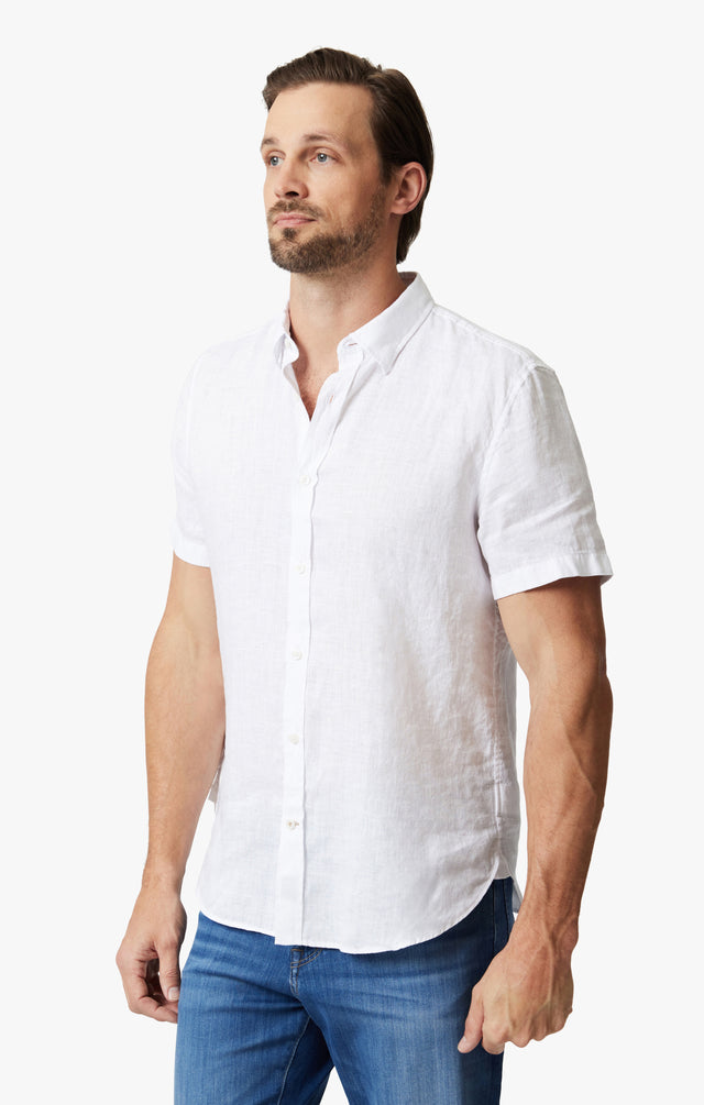 34 Heritage Linen Short Sleeve Shirt Bright White SS24-Men's Shirts-Howard-Surrey-Canada