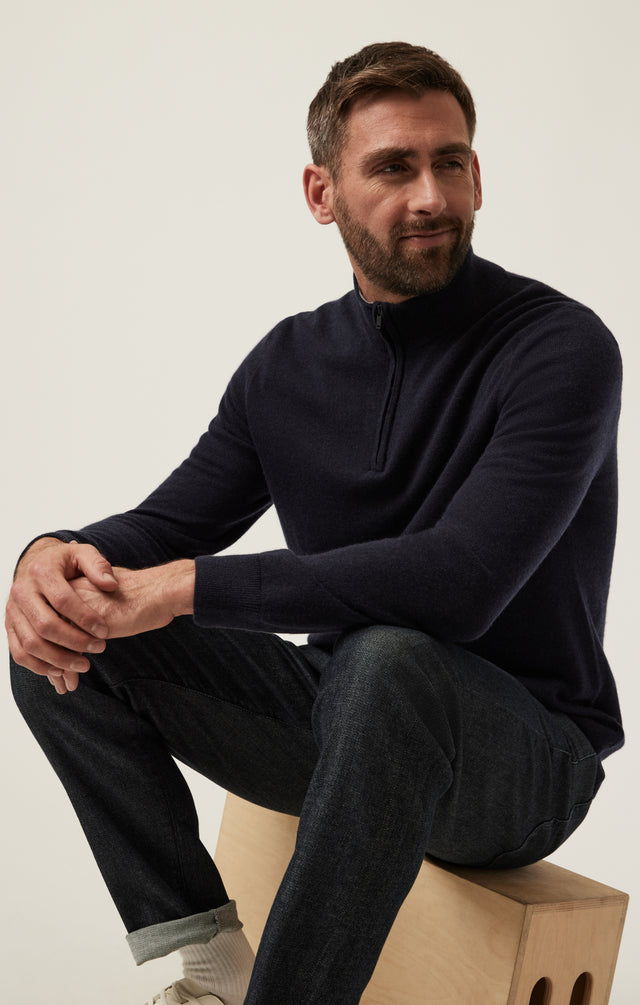 34 Heritage Cashmere Quarter Zip Sweater Dark Navy-Men&#39;s Sweaters-Brooklyn-Vancouver-Yaletown-Canada