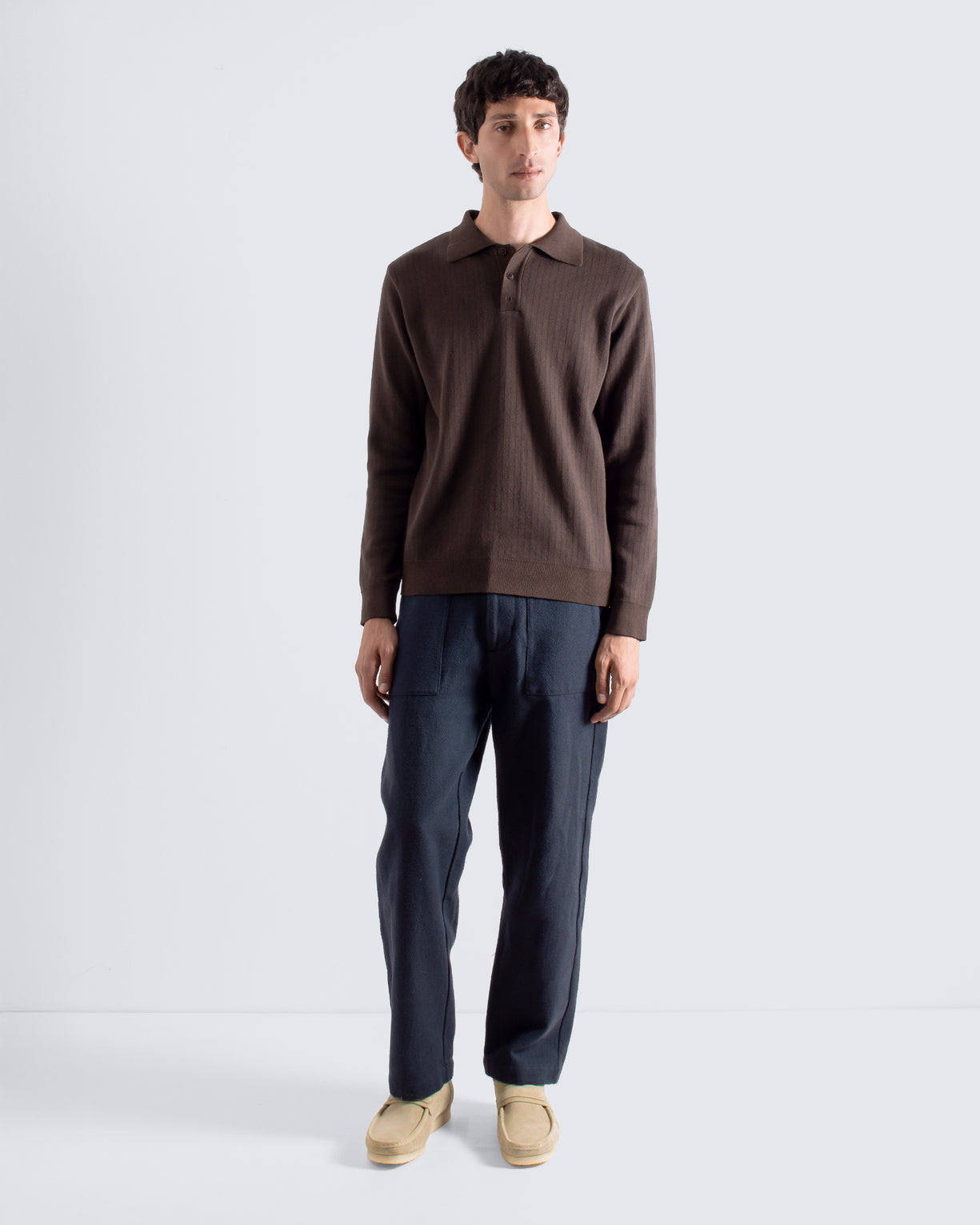Far Afield Benny Knitted Polo - Brown/Navy Pinstripe-Men's Sweaters-Brooklyn-Vancouver-Yaletown-Canada