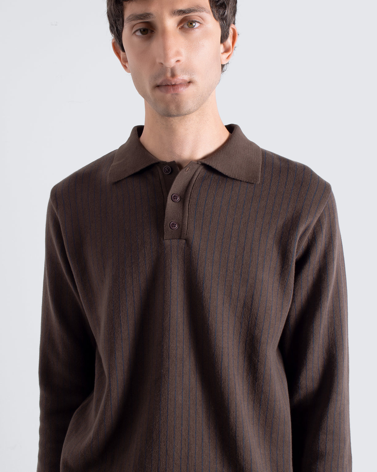 Far Afield Benny Knitted Polo - Brown/Navy Pinstripe-Men&#39;s Sweaters-Brooklyn-Vancouver-Yaletown-Canada