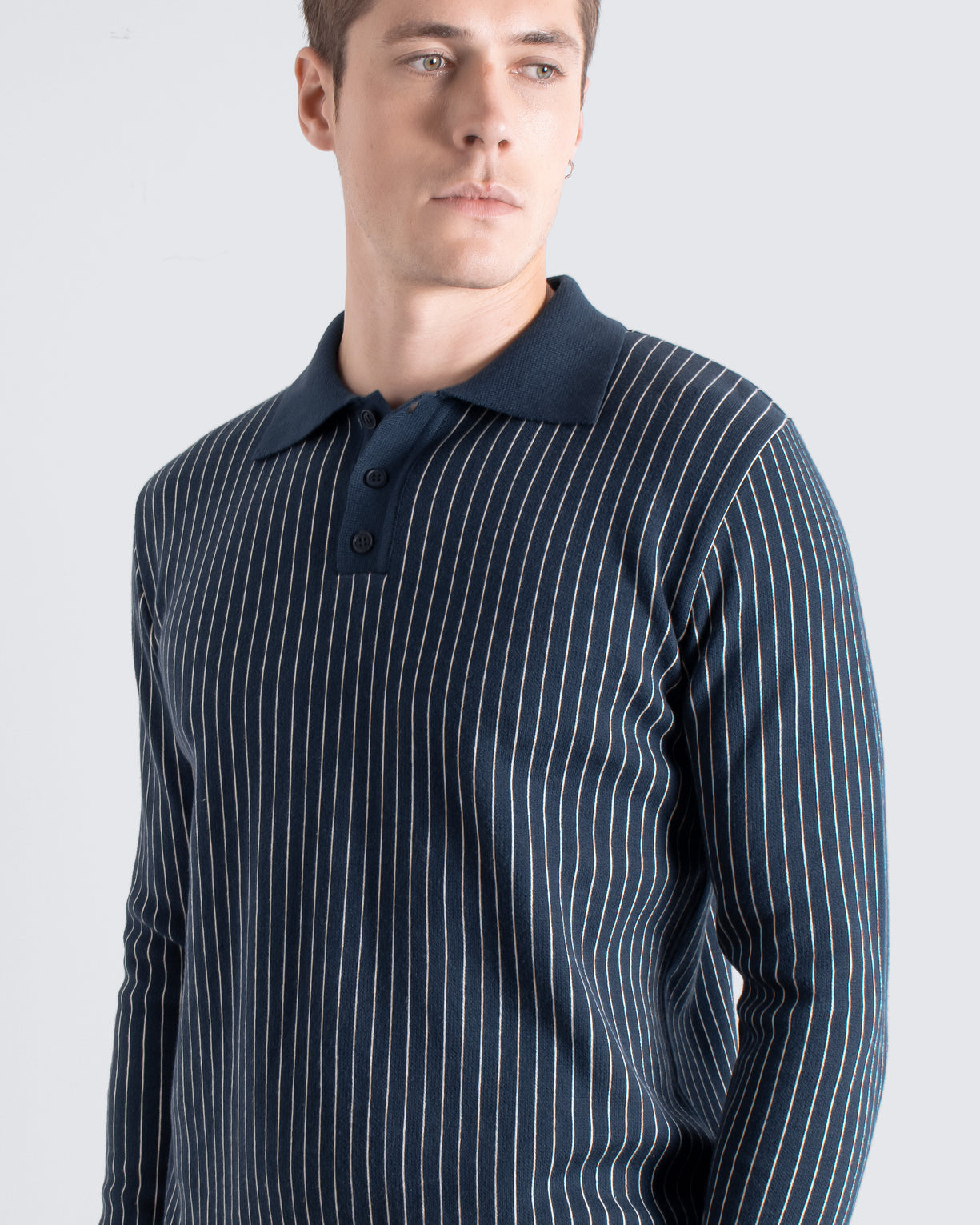 Far Afield Benny Knitted Polo - Navy/White Pinstripe-Men&#39;s Sweaters-Brooklyn-Vancouver-Yaletown-Canada