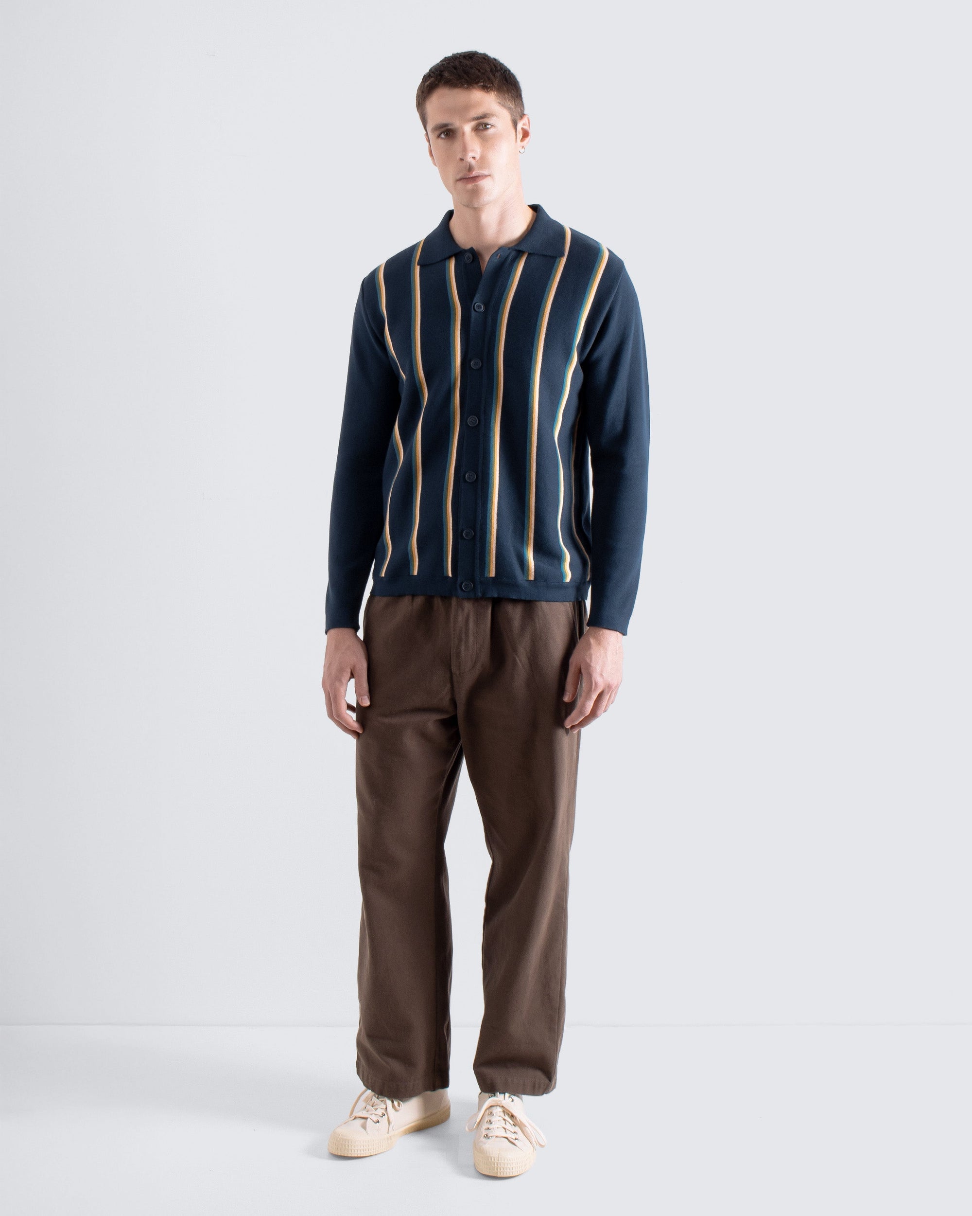 Far Afield Zigger Cardigan - Kuki Stripe - Navy Stripe Multi-Men's Sweaters-Brooklyn-Vancouver-Yaletown-Canada