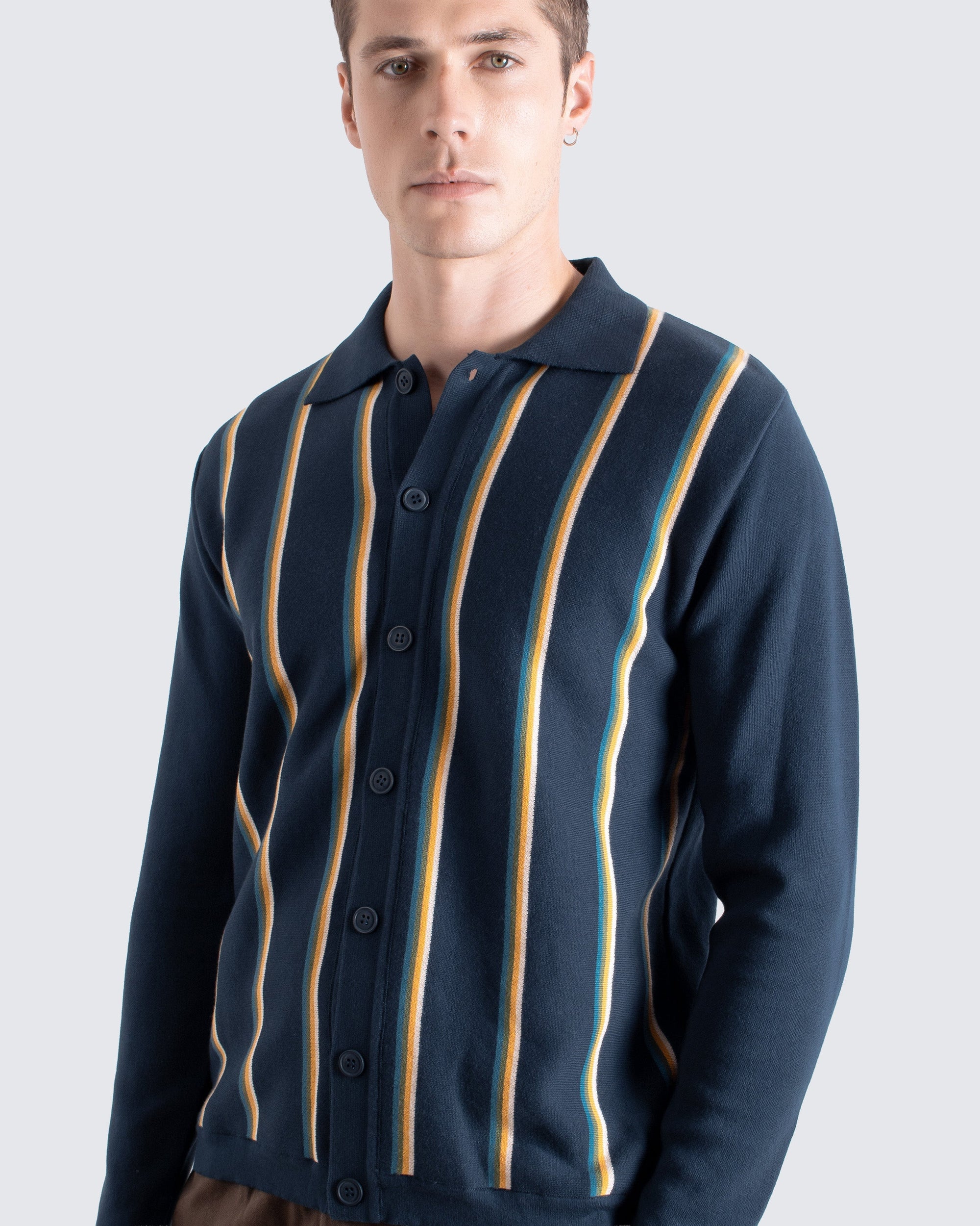 Far Afield Zigger Cardigan - Kuki Stripe - Navy Stripe Multi-Men&#39;s Sweaters-Brooklyn-Vancouver-Yaletown-Canada