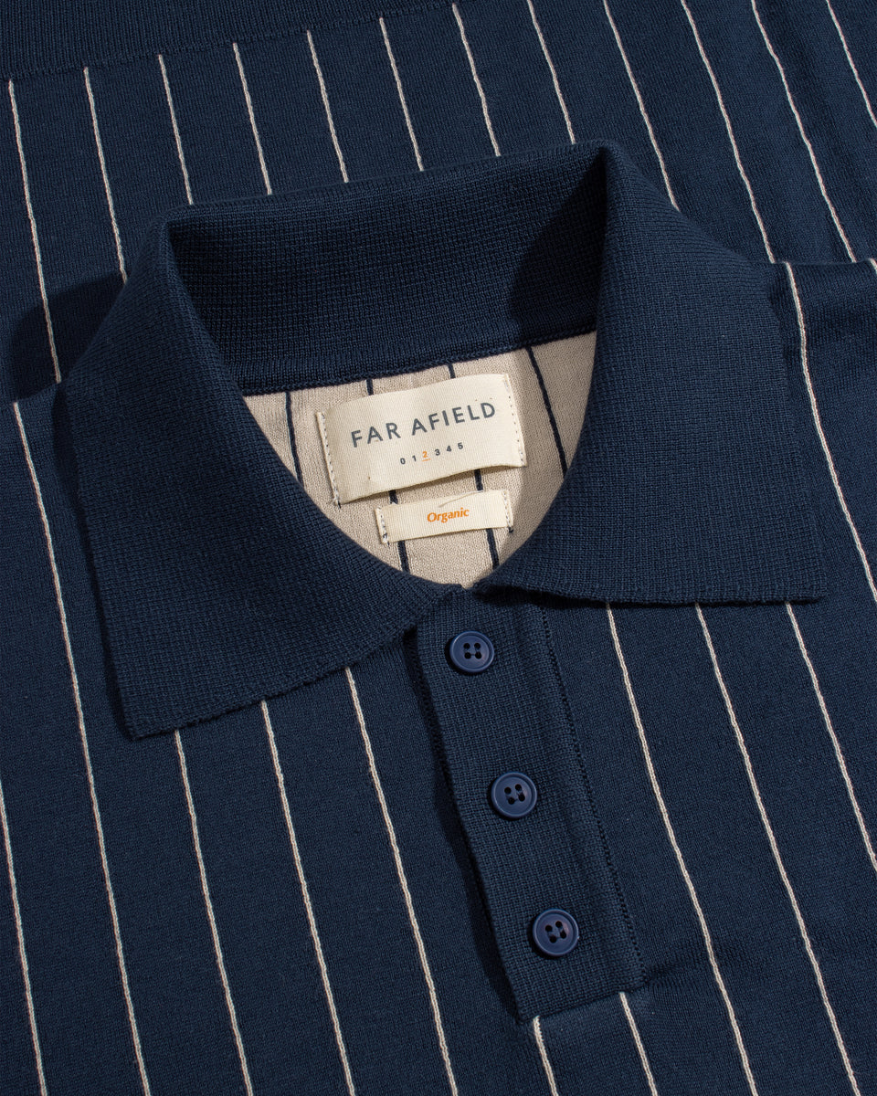 Far Afield Benny Knitted Polo - Pinstripe - Navy/Sand-Men's Sweaters-Brooklyn-Vancouver-Yaletown-Canada