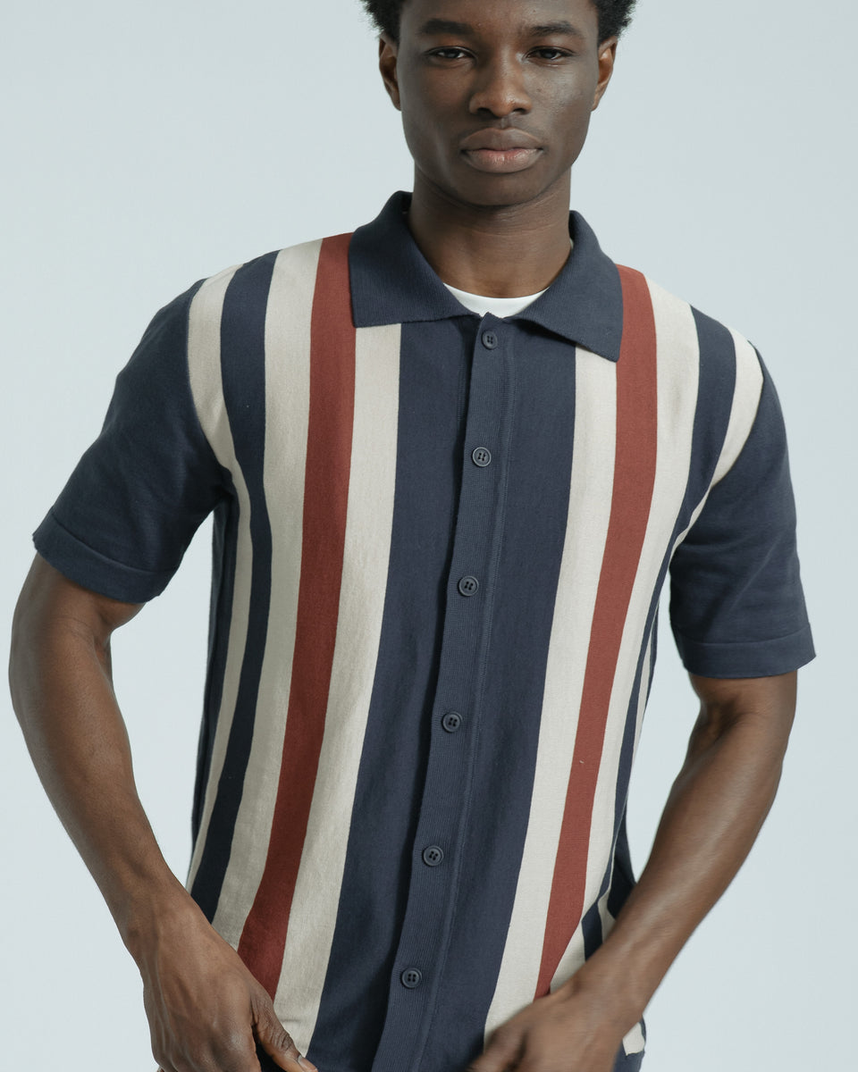Far Afield Velzy Knitted Shirt - Simple Stripe - Navy/Multi-Men's Shirts-Brooklyn-Vancouver-Yaletown-Canada