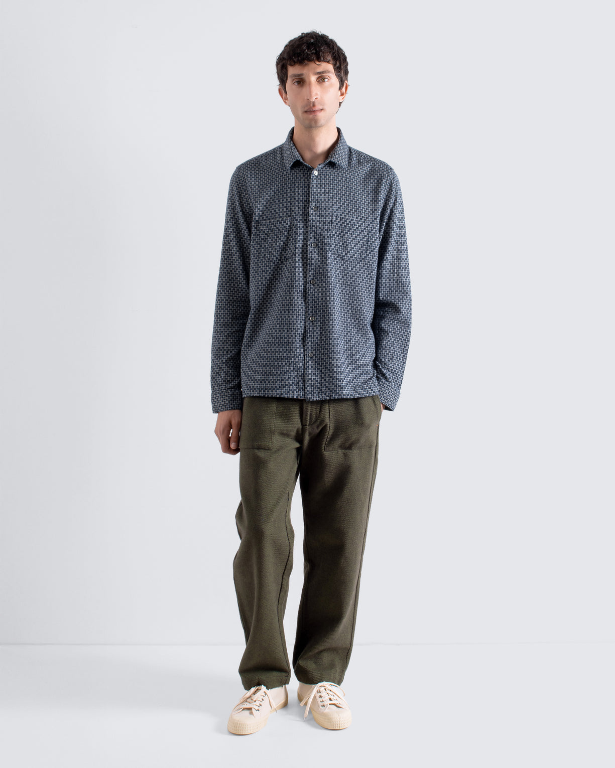 Far Afield Classic Two Pocket Shirt - Dobby Blocks - Navy/Stone-Men's Shirts-Brooklyn-Vancouver-Yaletown-Canada