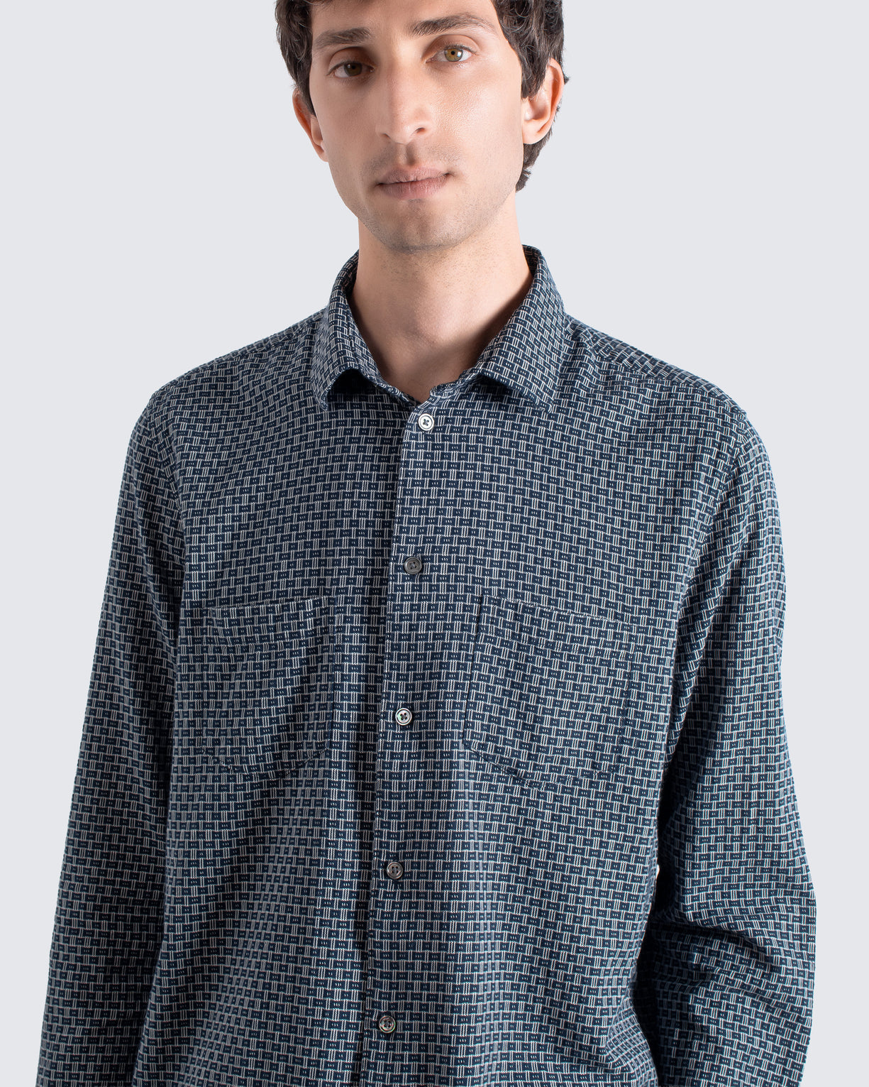 Far Afield Classic Two Pocket Shirt - Dobby Blocks - Navy/Stone-Men&#39;s Shirts-Brooklyn-Vancouver-Yaletown-Canada
