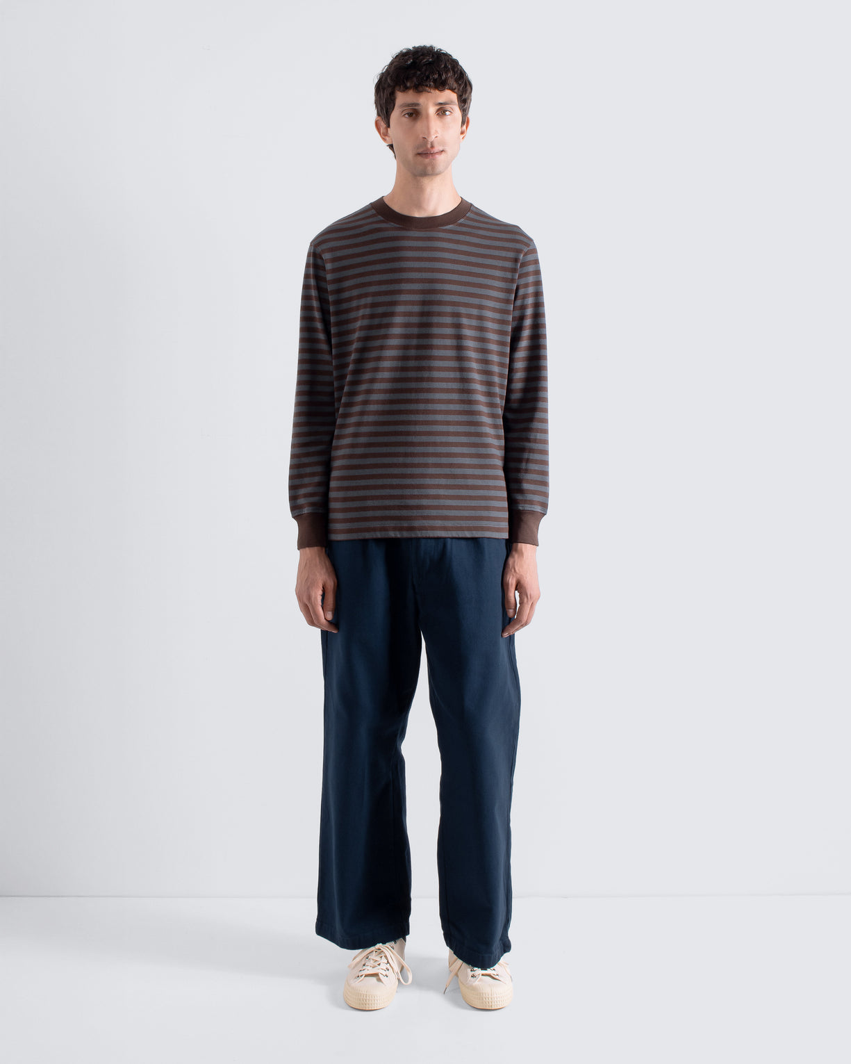 Far Afield Breton Stripe T-Shirt - Yarn Dyed - Grey/Brown-Men's Shirts-Brooklyn-Vancouver-Yaletown-Canada