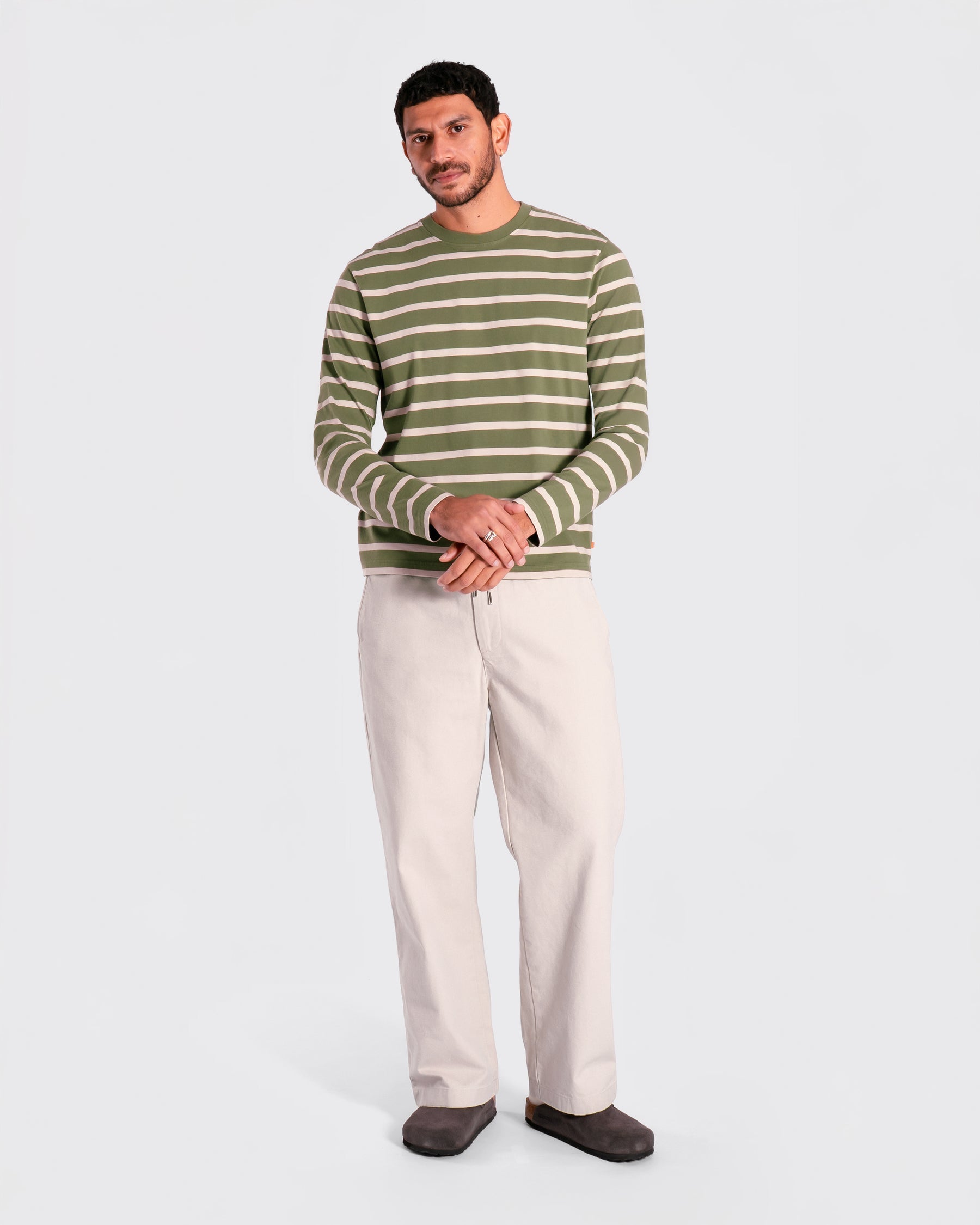 Far Afield Breton Stripe Long Sleeved T-Shirt - Green/Sand-Men's T-Shirts-Brooklyn-Vancouver-Yaletown-Canada