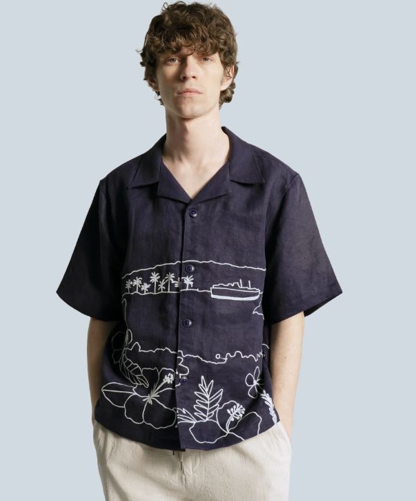 Far Afield Veloso Shirt - Embroidered Landscape - Navy-Men's Shirts-Brooklyn-Vancouver-Yaletown-Canada