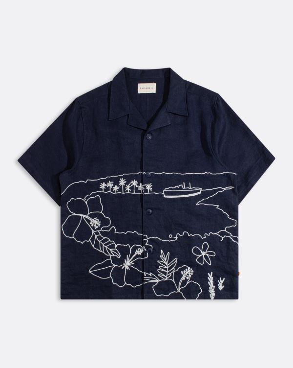 Far Afield Veloso Shirt - Embroidered Landscape - Navy-Men's Shirts-Brooklyn-Vancouver-Yaletown-Canada