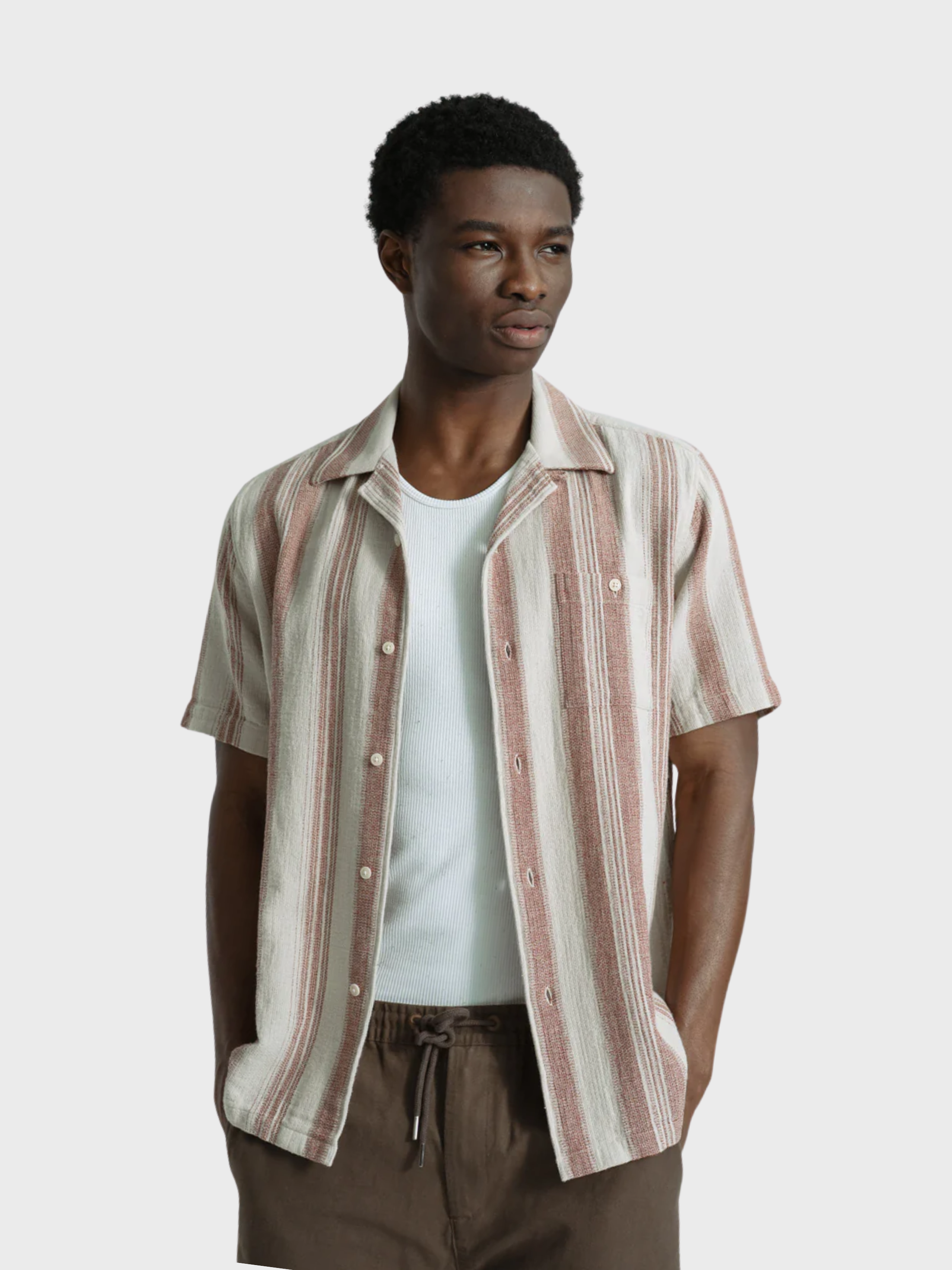 Far Afield Selleck Shirt - Dobby Stripe - Sand/Red-Men's Shirts-Brooklyn-Vancouver-Yaletown-Canada