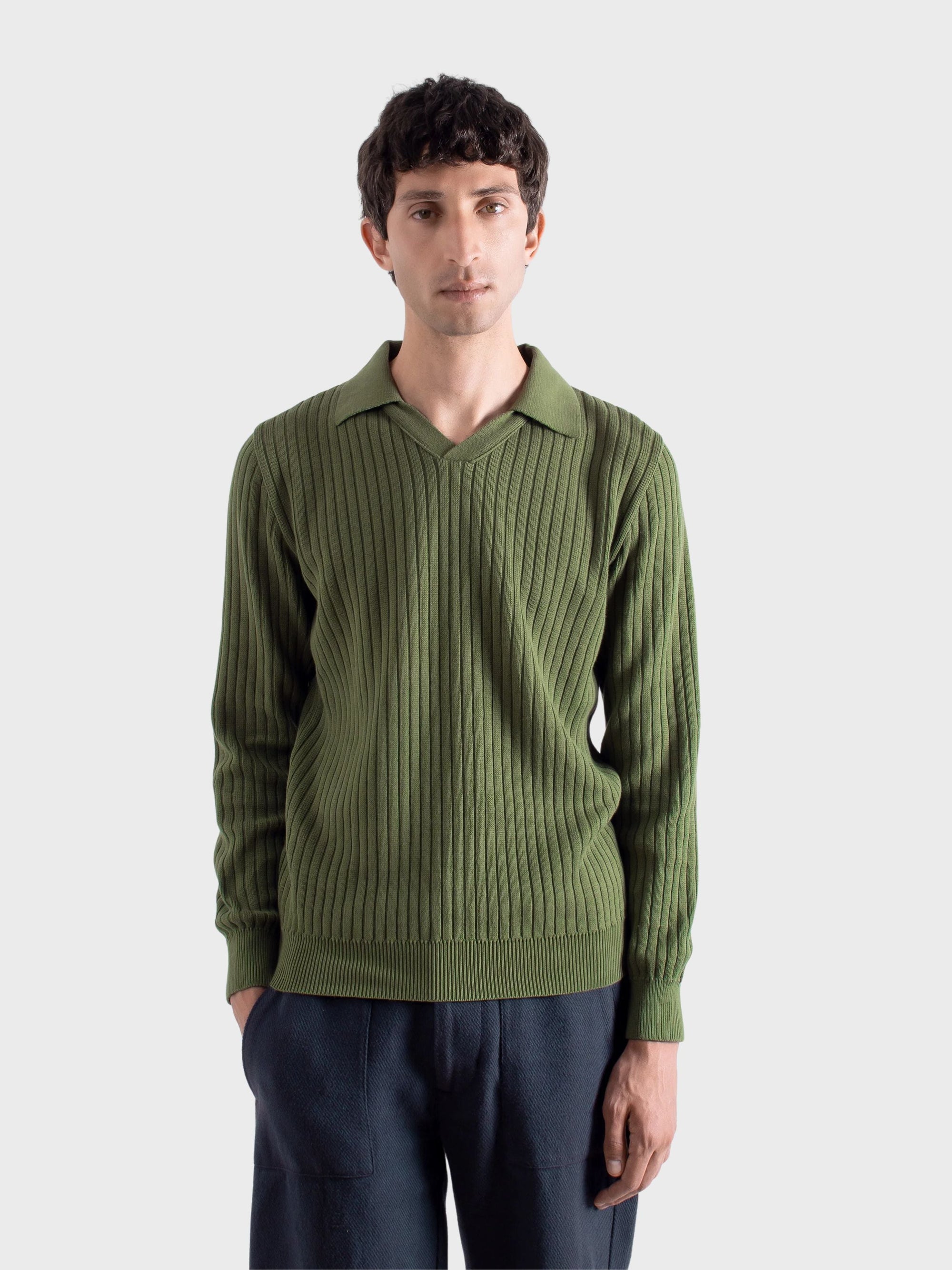 Far Afield Clifford Knitted Polo - Perforated-Green-Men's Sweaters-Brooklyn-Vancouver-Yaletown-Canada