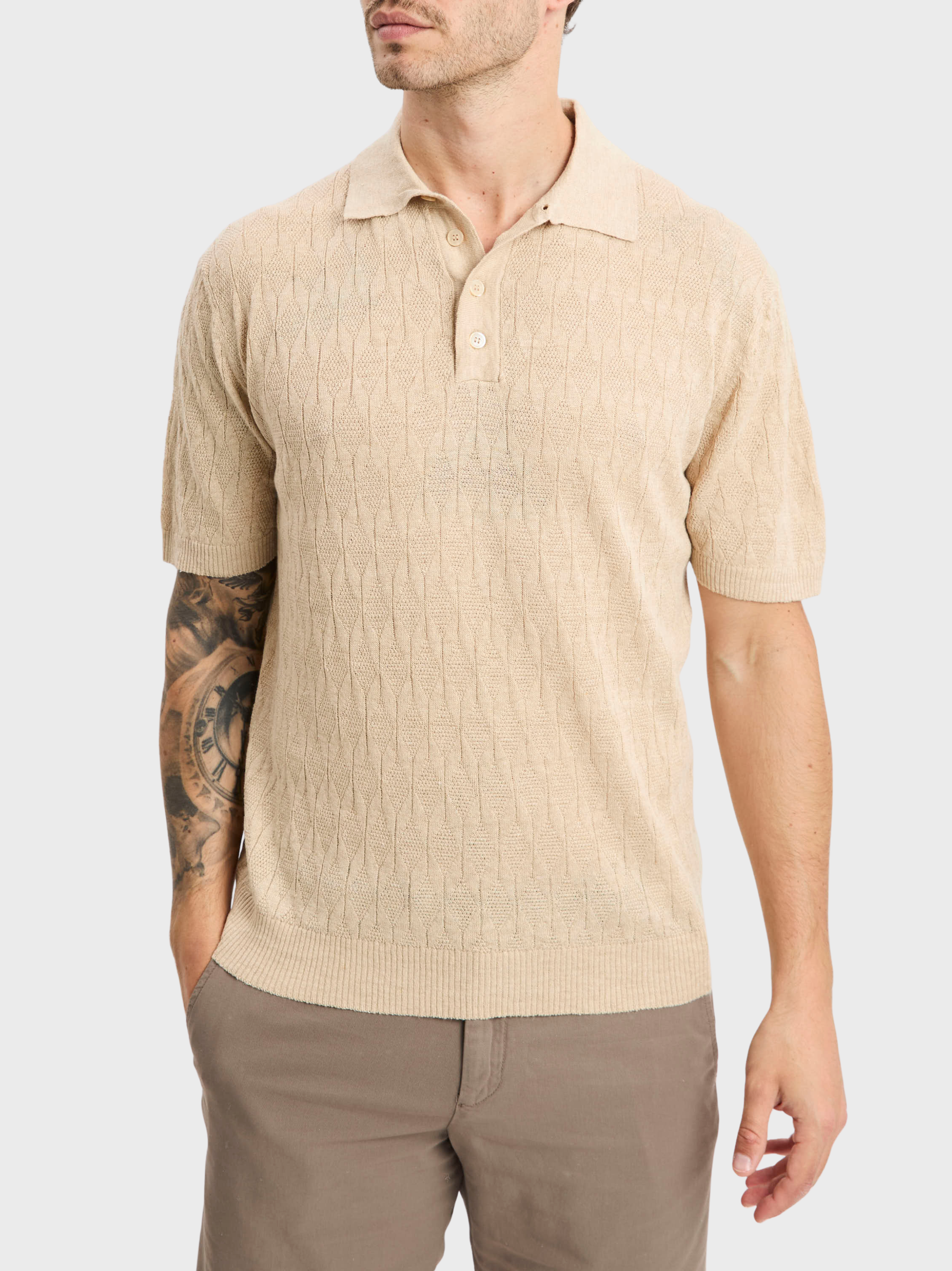 Fiesoli Diamond Textured Polo Knit - Sabbia-Men's Sweaters-Brooklyn-Vancouver-Yaletown-Canada