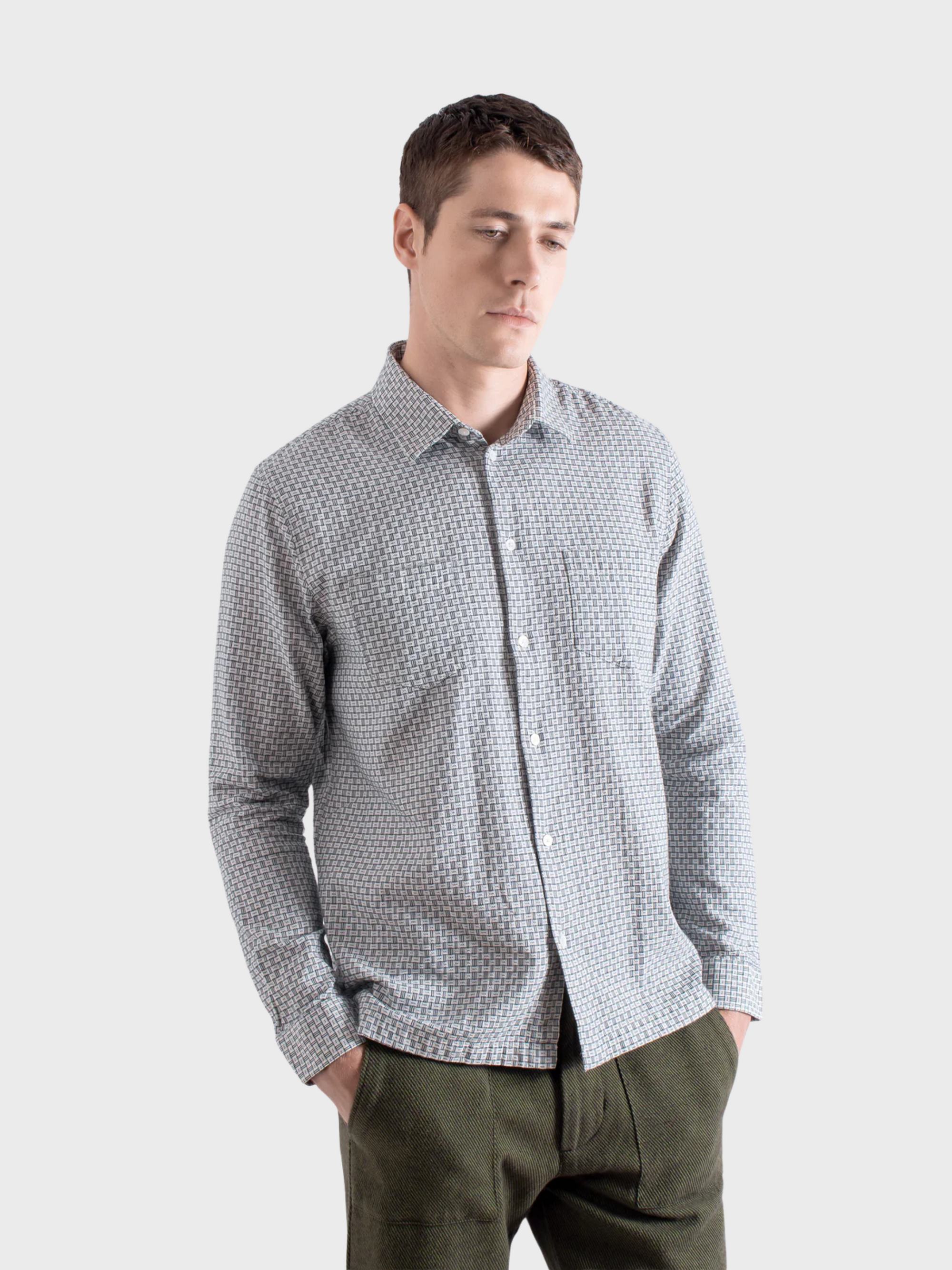 Far Afield Classic Two Pocket Shirt - Dobby Blocks - White/Grey-Men's Shirts-Brooklyn-Vancouver-Yaletown-Canada