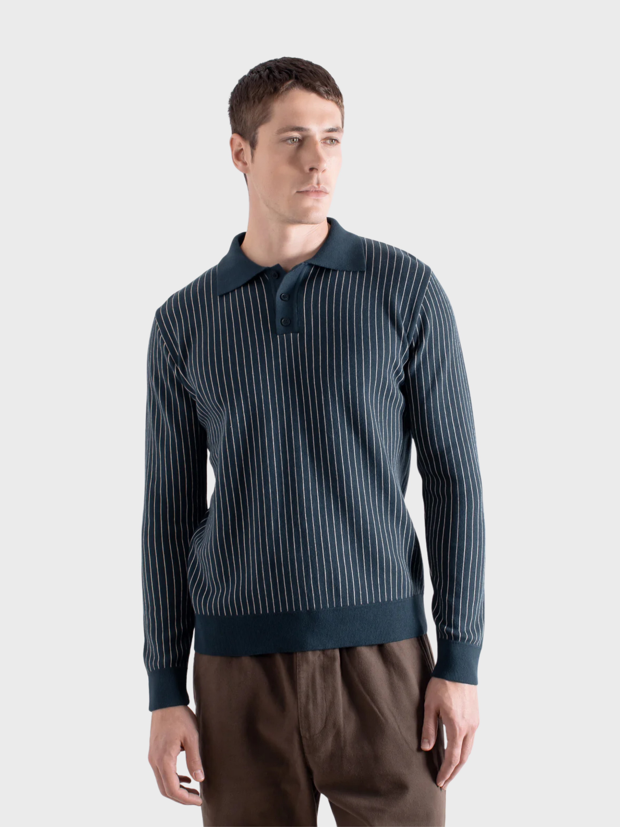 Far Afield Benny Knitted Polo - Navy/White Pinstripe-Men's Sweaters-Brooklyn-Vancouver-Yaletown-Canada