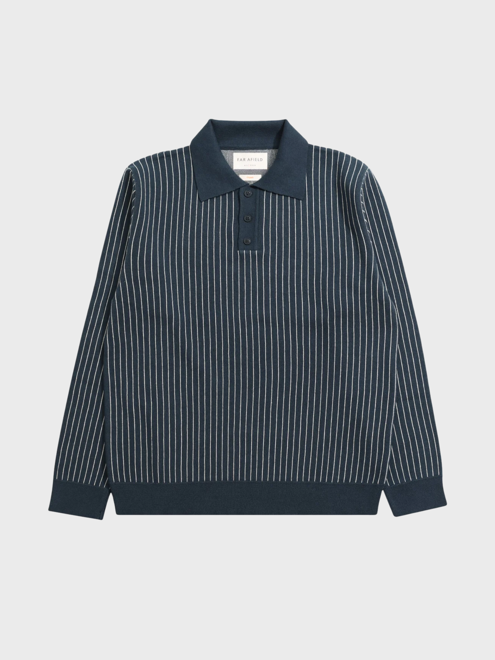 Far Afield Benny Knitted Polo - Navy/White Pinstripe-Men's Sweaters-Brooklyn-Vancouver-Yaletown-Canada