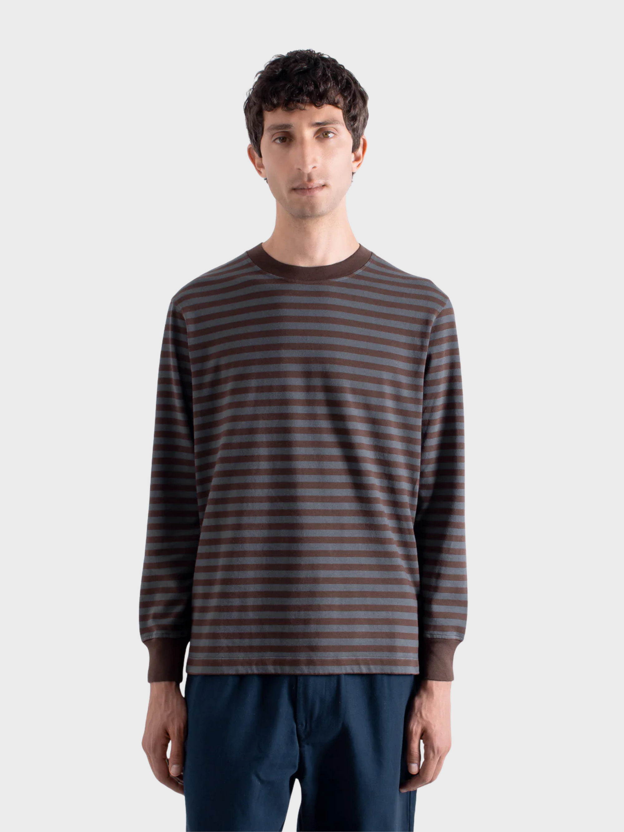 Far Afield Breton Stripe T-Shirt - Yarn Dyed - Grey/Brown-Men's Shirts-Brooklyn-Vancouver-Yaletown-Canada