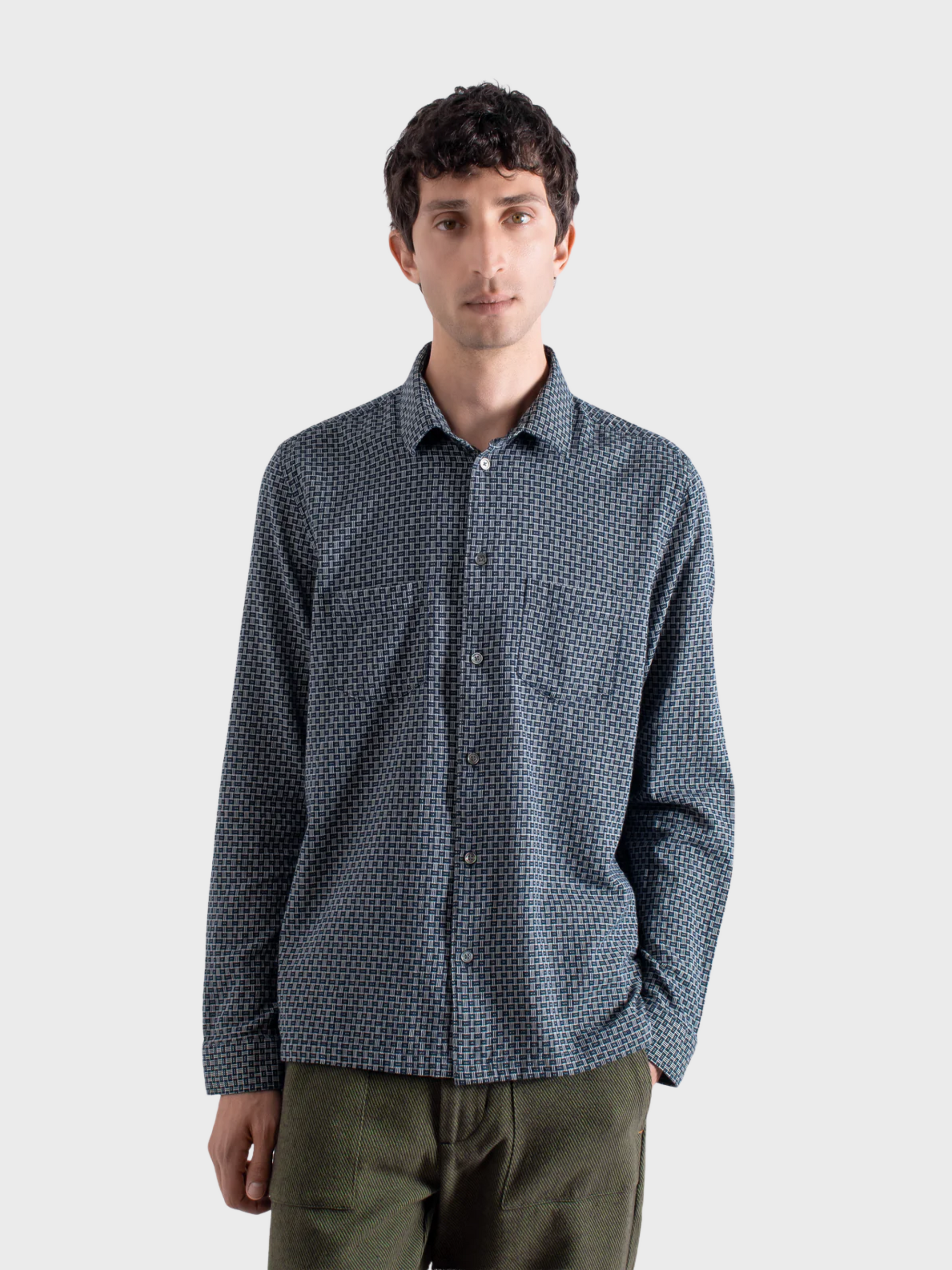 Far Afield Classic Two Pocket Shirt - Dobby Blocks - Navy/Stone-Men's Shirts-Brooklyn-Vancouver-Yaletown-Canada