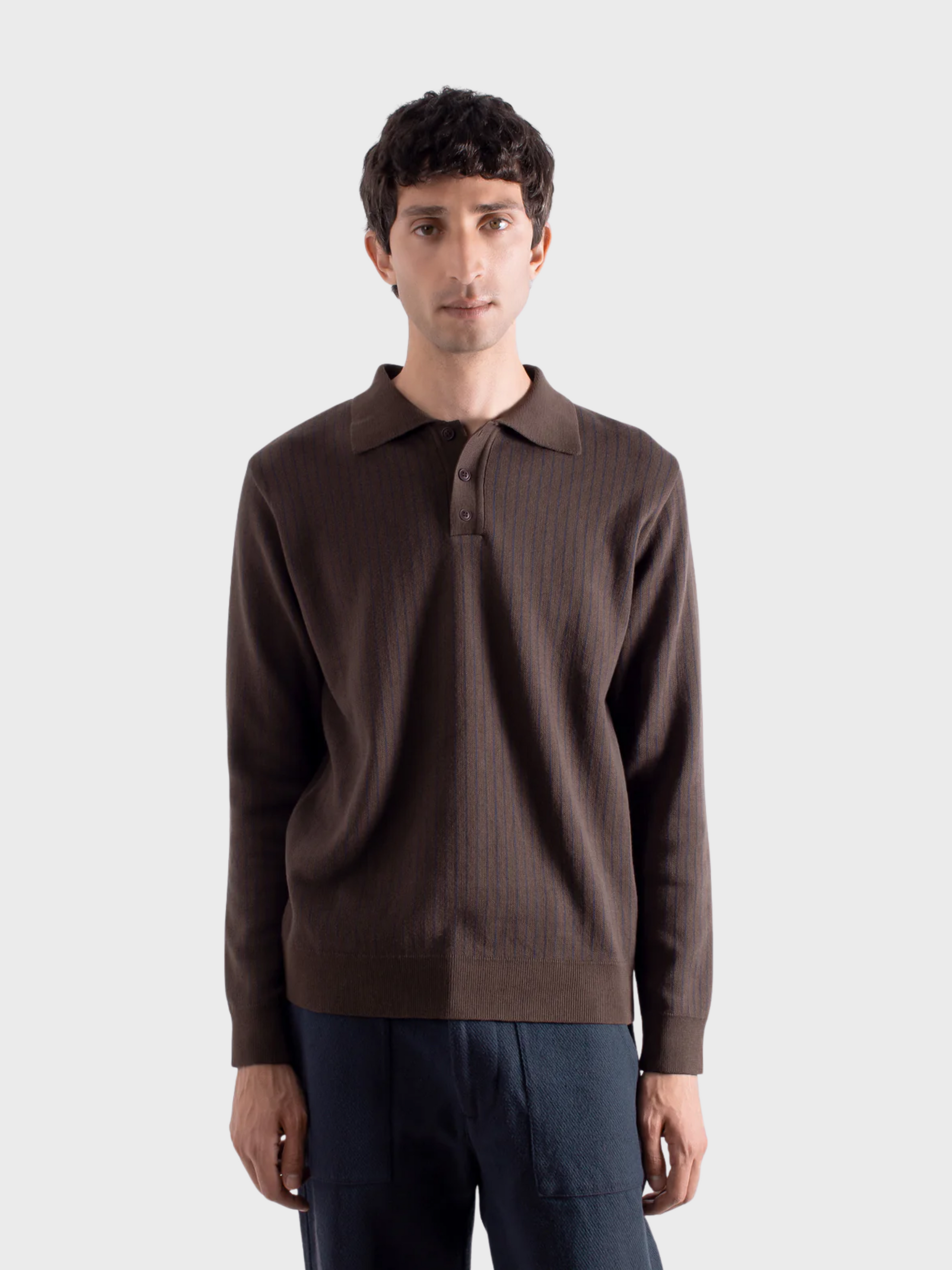 Far Afield Benny Knitted Polo - Brown/Navy Pinstripe-Men's Sweaters-Brooklyn-Vancouver-Yaletown-Canada