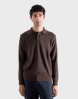 Far Afield Benny Knitted Polo - Brown/Navy Pinstripe-Men's Sweaters-Brooklyn-Vancouver-Yaletown-Canada