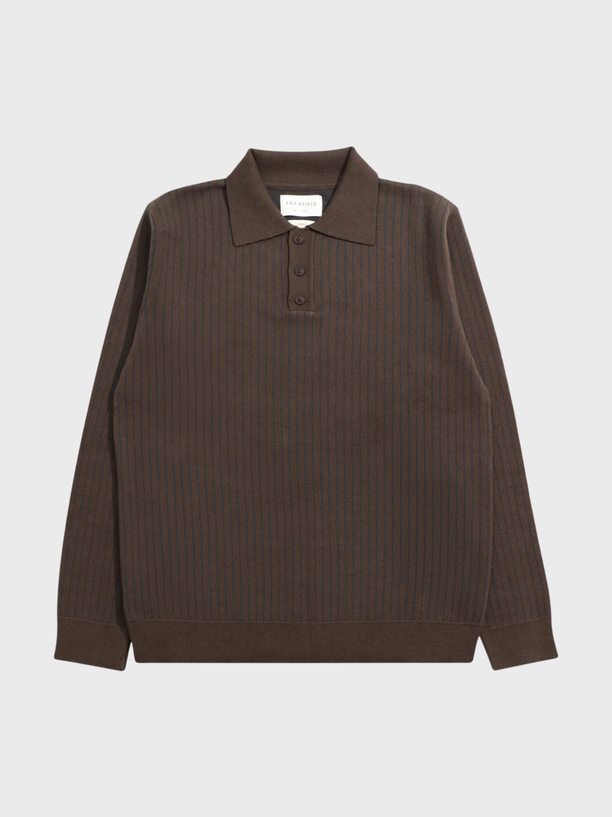 Far Afield Benny Knitted Polo - Brown/Navy Pinstripe-Men's Sweaters-Brooklyn-Vancouver-Yaletown-Canada