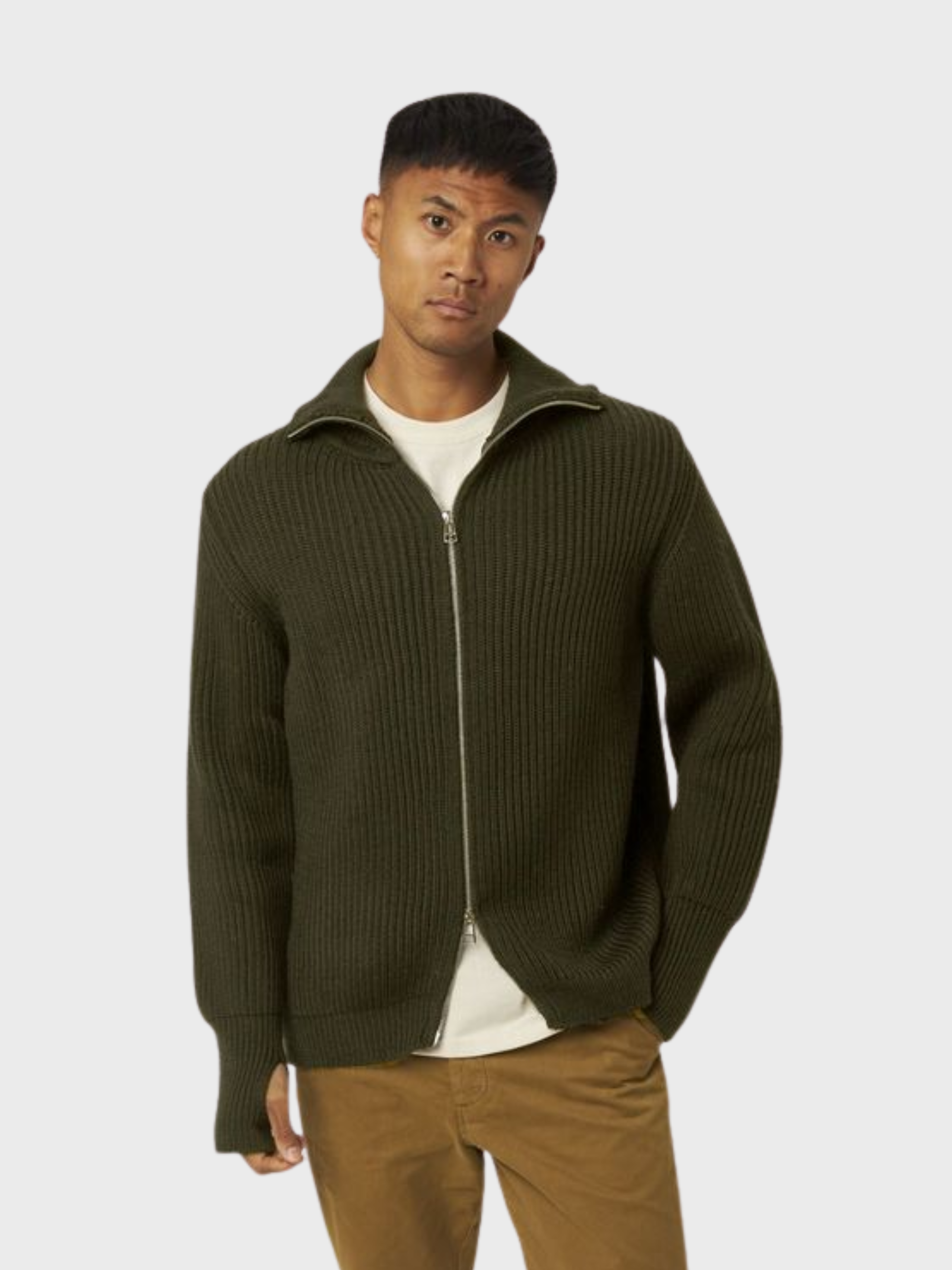 Peregrine Fisherman Cardigan - Olive-Men's Sweaters-Brooklyn-Vancouver-Yaletown-Canada