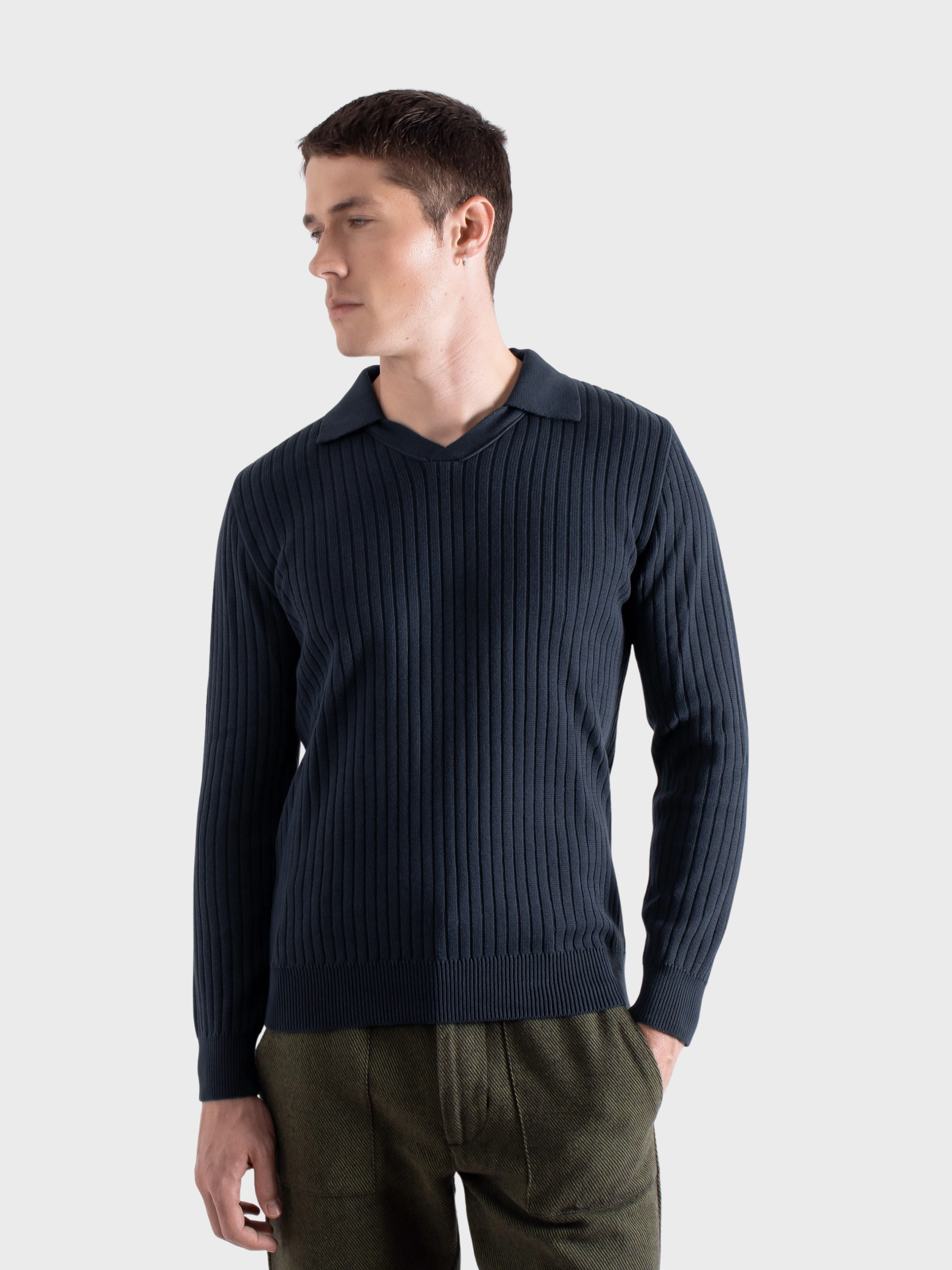 Far Afield Clifford Knitted Ribbed Polo - Spread Collared - Navy-Men's Sweaters-Brooklyn-Vancouver-Yaletown-Canada