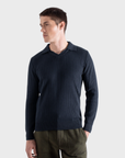 Far Afield Clifford Knitted Ribbed Polo - Spread Collared - Navy-Men's Sweaters-Brooklyn-Vancouver-Yaletown-Canada