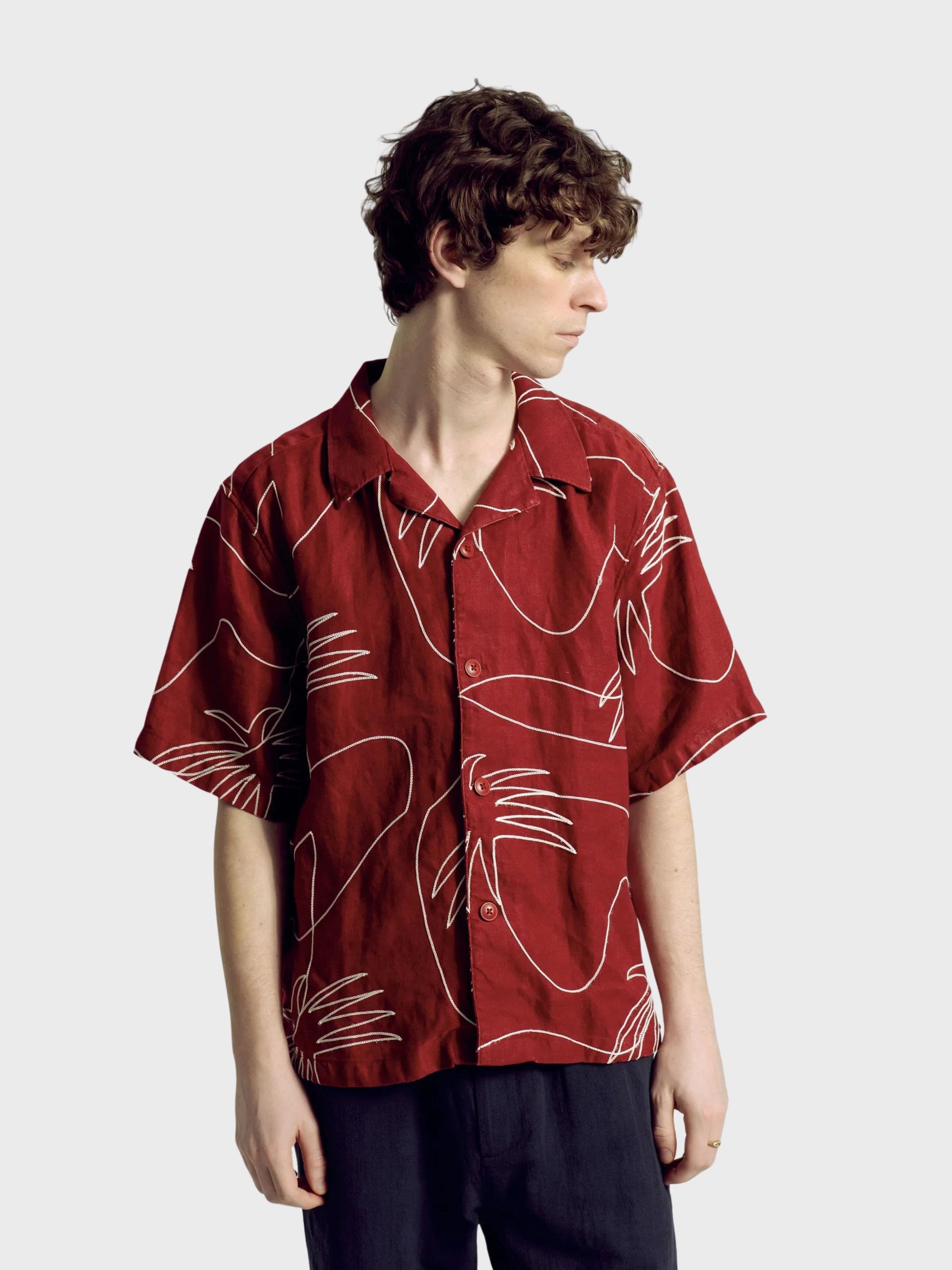Far Afield Veloso Shirt - Embroidered Palms - Red-Men's Shirts-Brooklyn-Vancouver-Yaletown-Canada