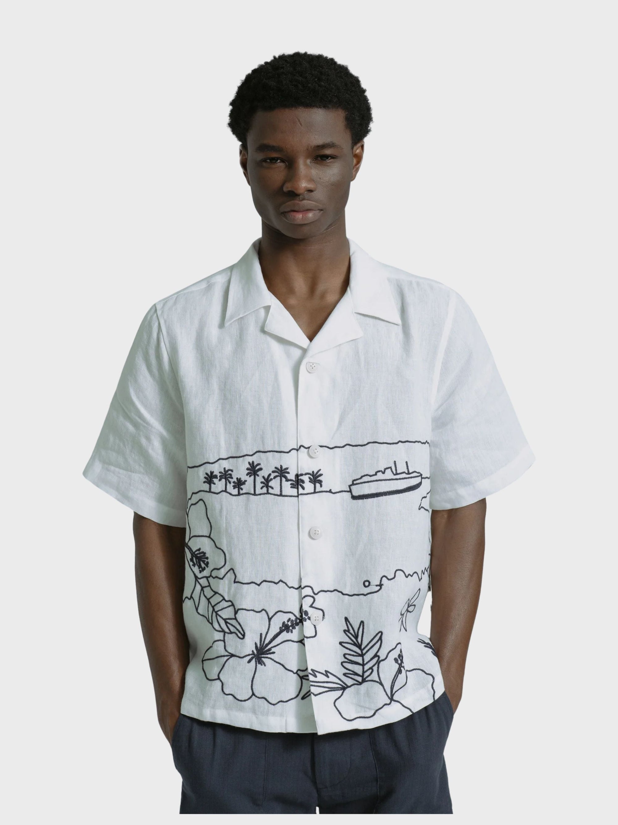 Far Afield Veloso Shirt - Embroidered Landscape - White-Men's Shirts-Brooklyn-Vancouver-Yaletown-Canada