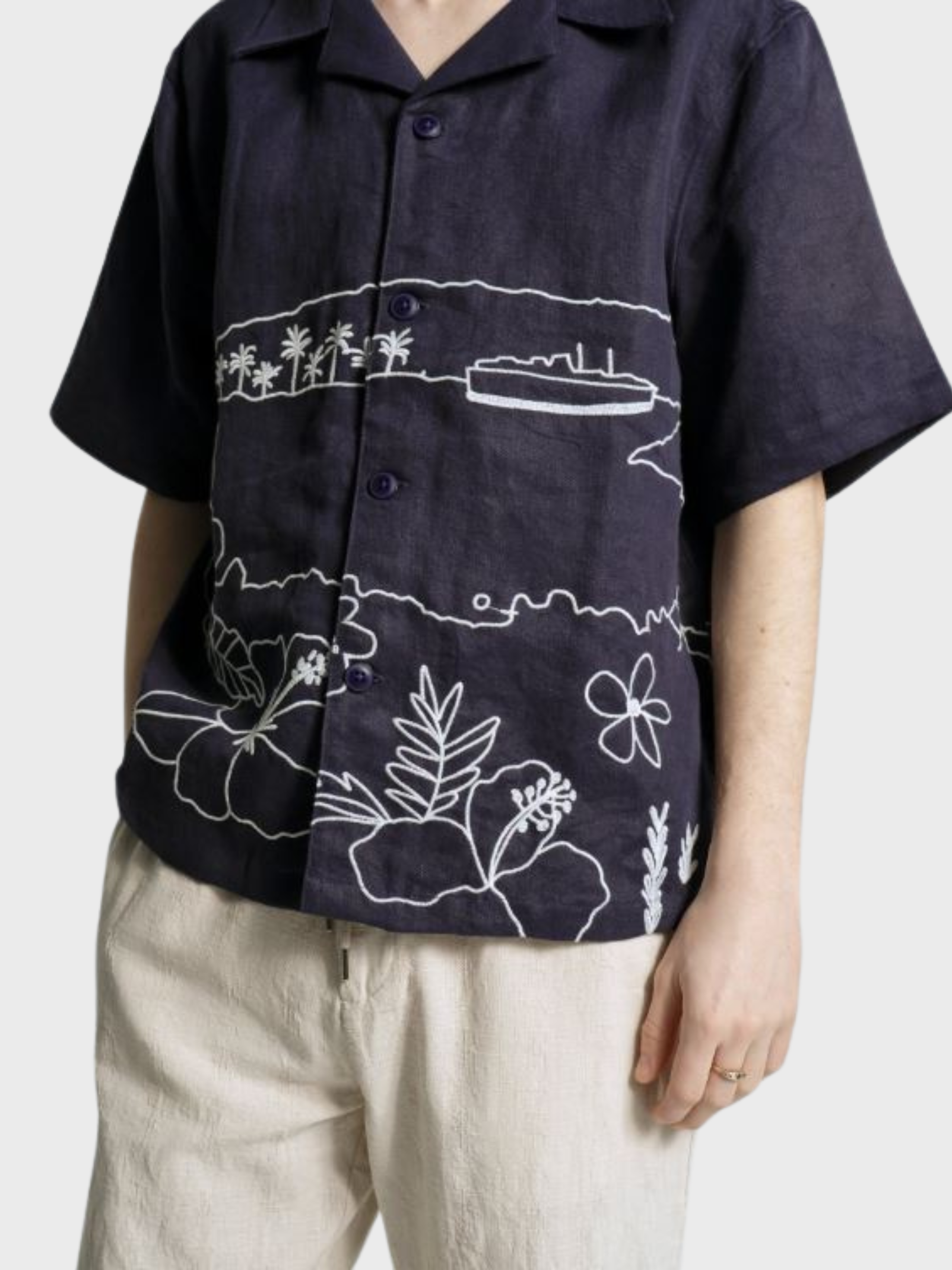 Far Afield Veloso Shirt - Embroidered Landscape - Navy-Men's Shirts-Brooklyn-Vancouver-Yaletown-Canada