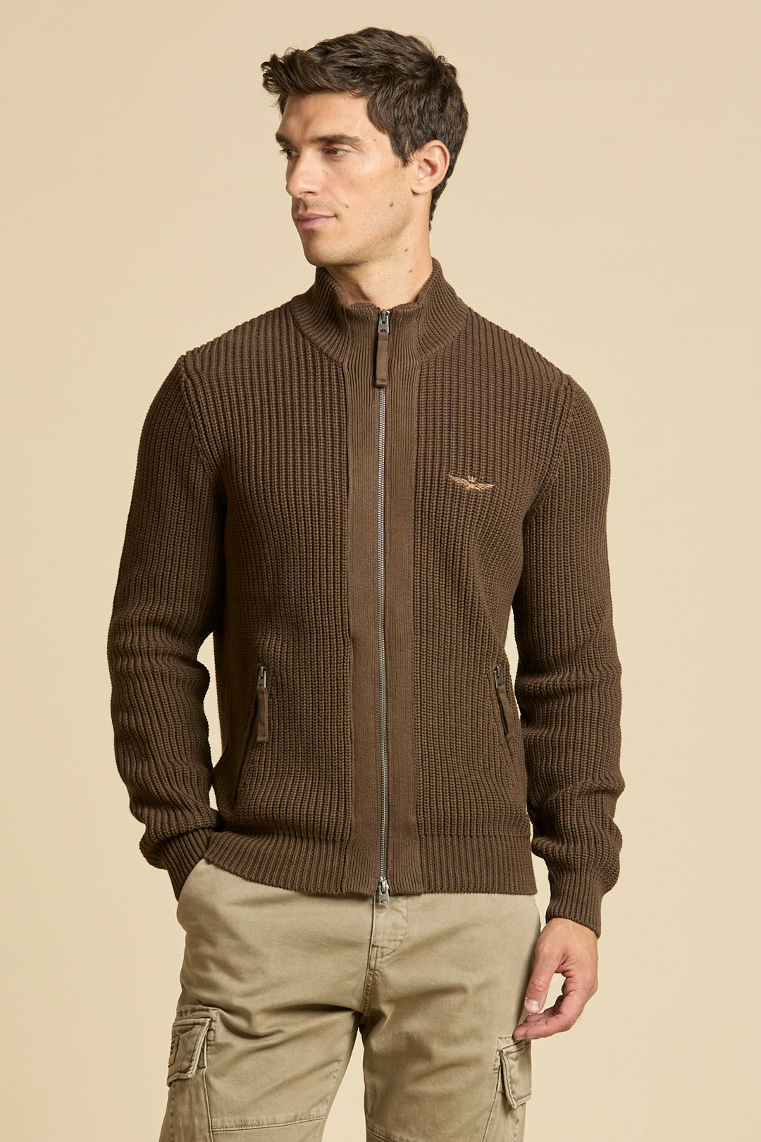 Aeronautica Militare Full Zip Sweater - Chestnut Brown-Men's Sweaters-Brooklyn-Vancouver-Yaletown-Canada