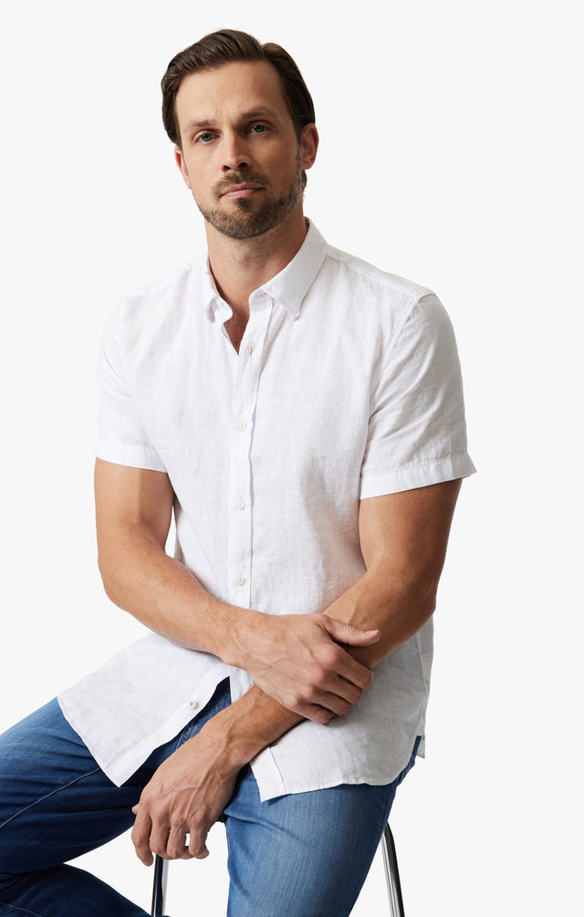 34 Heritage Linen Short Sleeve Shirt Bright White SS24-Men's Shirts-Howard-Surrey-Canada